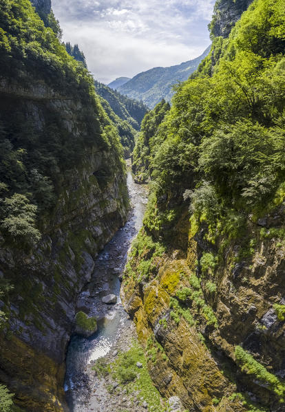 Aerial view of the old road of Via Mala di Scalve, Dezzo di Scalve, Val di Scalve, Bergamo province, Lombardy, Italy.