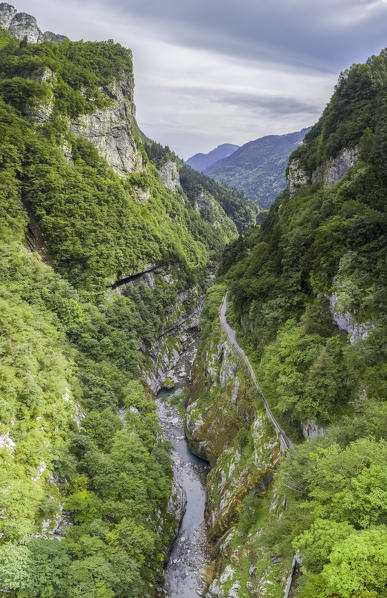 Aerial view of the old road of Via Mala di Scalve, Dezzo di Scalve, Val di Scalve, Bergamo province, Lombardy, Italy.
