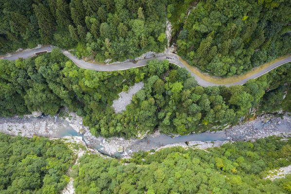 Aerial view of the old road of Via Mala di Scalve, Dezzo di Scalve, Val di Scalve, Bergamo province, Lombardy, Italy.