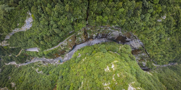 Aerial view of the old road of Via Mala di Scalve, Dezzo di Scalve, Val di Scalve, Bergamo province, Lombardy, Italy.