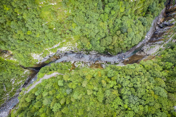 Aerial view of the old road of Via Mala di Scalve, Dezzo di Scalve, Val di Scalve, Bergamo province, Lombardy, Italy.