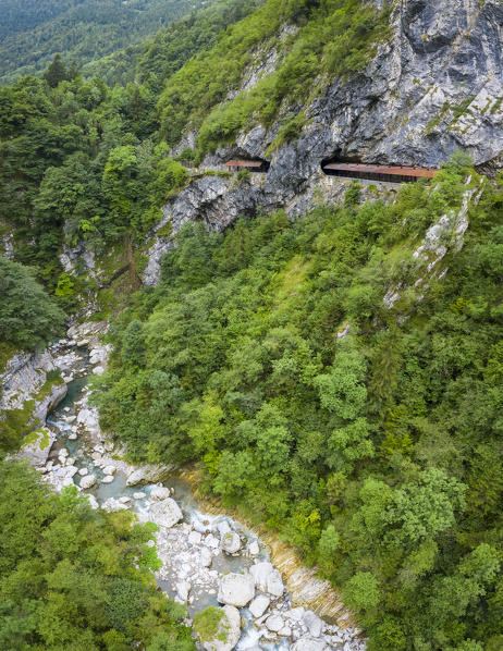 Aerial view of the old road of Via Mala di Scalve, Dezzo di Scalve, Val di Scalve, Bergamo province, Lombardy, Italy.