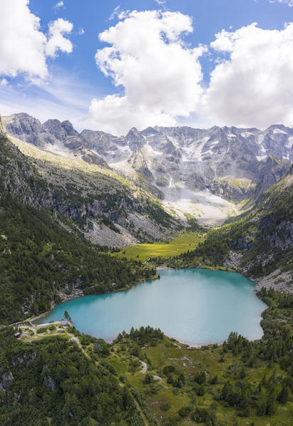 Aerial view of the Aviolo lake in the Adamello park. Edolo,Brescia province, Italy, Europe.