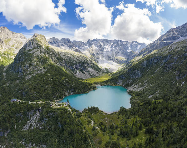 Aerial view of the Aviolo lake and Rifugio Sandro Occhi in the Adamello park. Edolo,Brescia province, Italy, Europe.