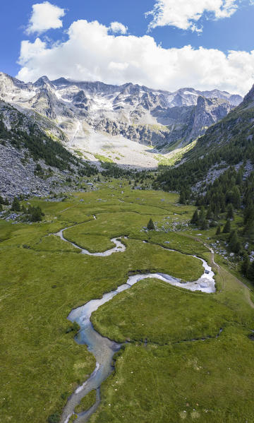 Aerial view of the torrent Aviolo and it's valley in Adamello park. Edolo, Brescia province, Italy, Europe.