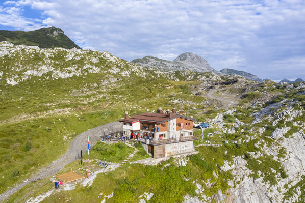 Aerial view of the Albani refuge and Monte Ferrante at dawn. Val di Scalve, Bergamo district, Lombardy, Italy, Southern Europe.
