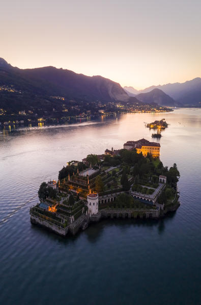 Aerial view of Isola Bella and Isola dei Pescatori during a summer sunset. Stresa, Lago Maggiore, Piedmont, Italy.