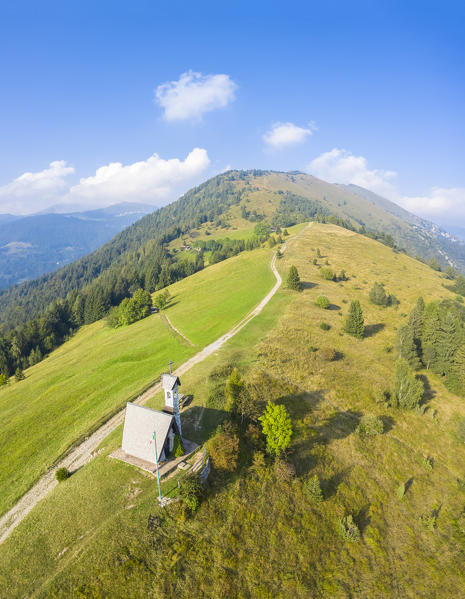 Aerial view of the Chiesetta degli Alpini of Monte Blum and Cima Paré. Rovetta, Seriana valley, Lombardy, Bergamo province, Italy.