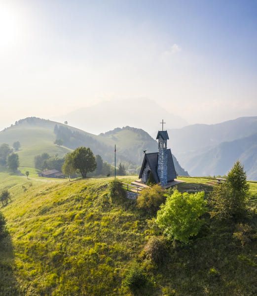 Aerial view of the Chiesetta degli Alpini of Monte Blum and Cima Paré. Rovetta, Seriana valley, Lombardy, Bergamo province, Italy.