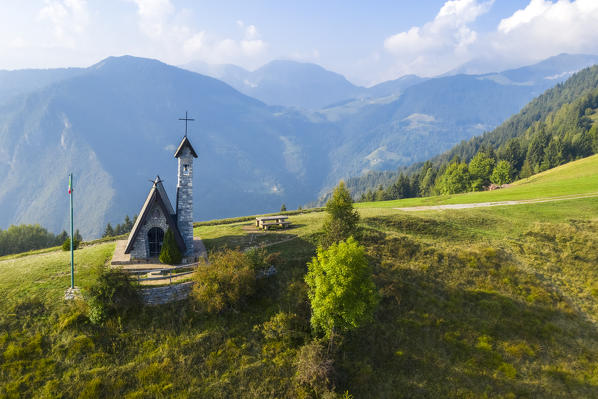 Aerial view of the Chiesetta degli Alpini of Monte Blum and Cima Paré. Rovetta, Seriana valley, Lombardy, Bergamo province, Italy.