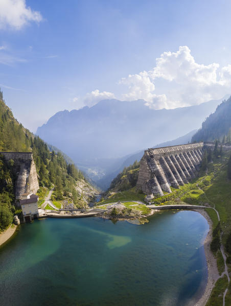 Aerial view of the ruins of the Diga del Gleno. Pianezza, Vilminore di Scalve, Scalve Valley, Lombardy, Bergamo province, Italy.