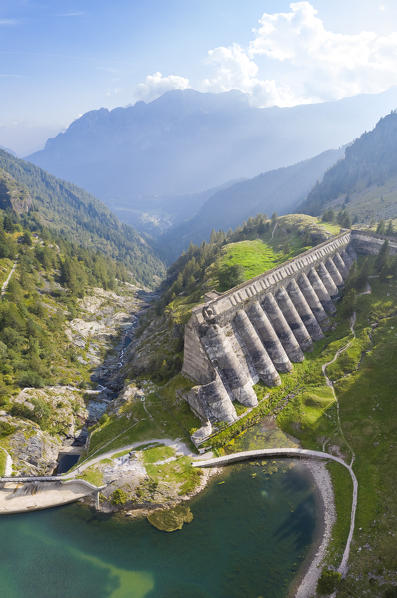 Aerial view of the ruins of the Gleno dam. Pianezza, Vilminore di Scalve, Scalve Valley, Lombardy, Bergamo province, Italy.