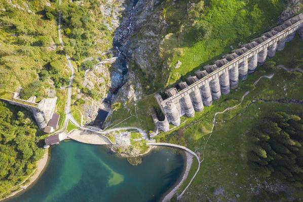 Aerial view of the ruins of the Diga del Gleno. Pianezza, Vilminore di Scalve, Scalve Valley, Lombardy, Bergamo province, Italy.