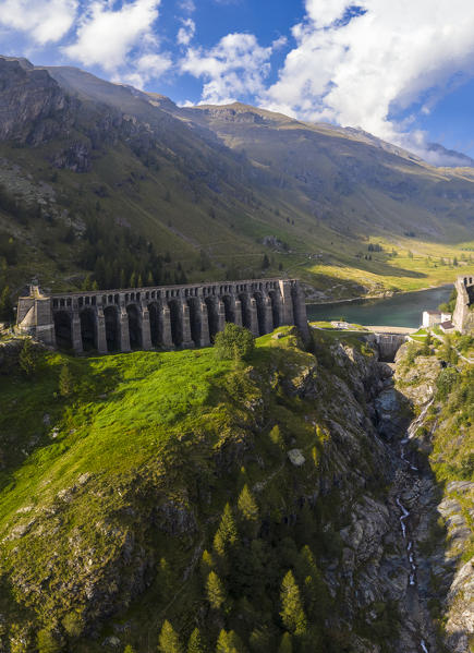 Aerial view of the ruins of the Diga del Gleno. Pianezza, Vilminore di Scalve, Scalve Valley, Lombardy, Bergamo province, Italy.