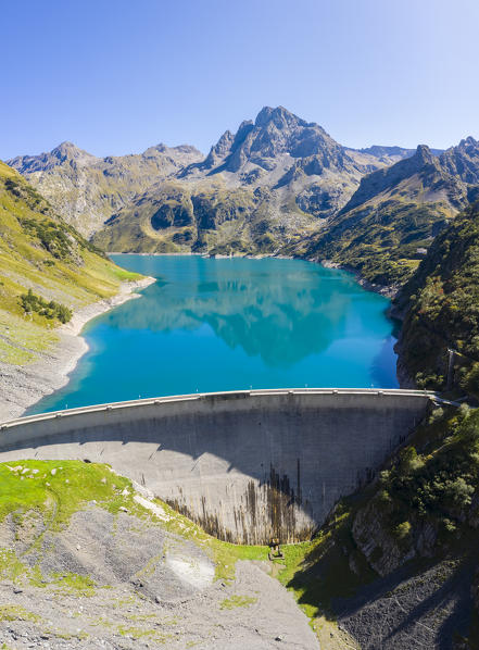 Aerial view of the artificial lake of Barbellino, the largest in Bergamo district. Valbondione, Seriana Valley, Lombardy, Bergamo province, Italy.