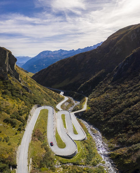 Aerial view of the Tremola San Gottardo road, the longest road monument in Switzerland listed in the inventory of the historic Swiss roads. Passo del San Gottardo, Airolo, Leventina district, Canton Ticino, Switzerland.