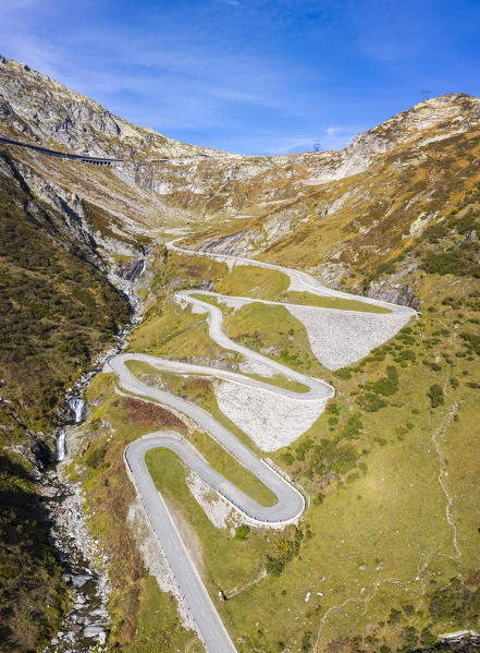 Aerial view of the Tremola San Gottardo road, the longest road monument in Switzerland listed in the inventory of the historic Swiss roads. Passo del San Gottardo, Airolo, Leventina district, Canton Ticino, Switzerland.