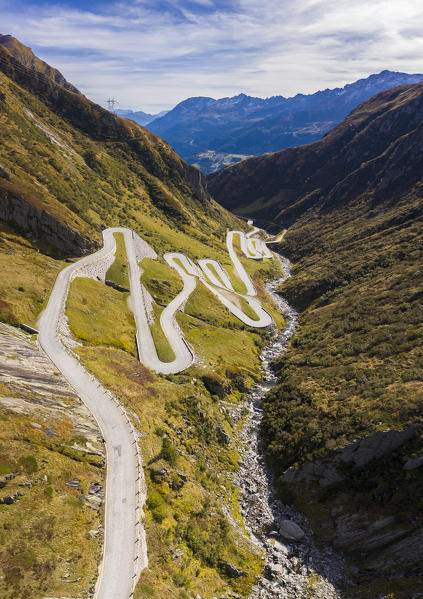 Aerial view of the Tremola San Gottardo road, the longest road monument in Switzerland listed in the inventory of the historic Swiss roads. Passo del San Gottardo, Airolo, Leventina district, Canton Ticino, Switzerland.