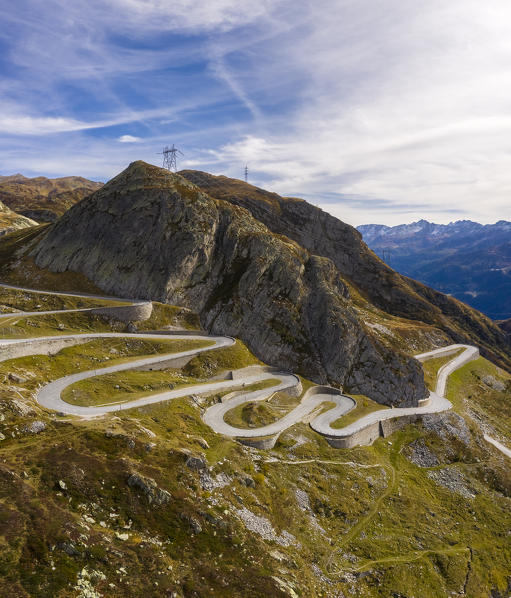 Aerial view of the Tremola San Gottardo road, the longest road monument in Switzerland listed in the inventory of the historic Swiss roads. Passo del San Gottardo, Airolo, Leventina district, Canton Ticino, Switzerland.