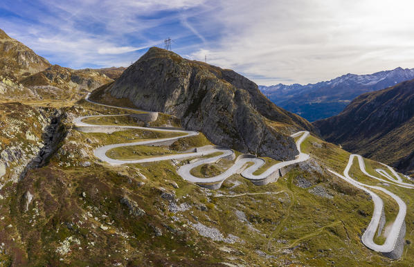 Aerial view of the Tremola San Gottardo road, the longest road monument in Switzerland listed in the inventory of the historic Swiss roads. Passo del San Gottardo, Airolo, Leventina district, Canton Ticino, Switzerland.
