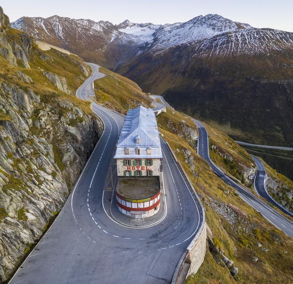 Aerial view of the Belvedere Hotel and the Furka Pass road,  famous for a scene of the James Bond film Goldfinger, a high mountain pass in the Swiss Alps connecting Gletsch, Valais with Realp, Uri. Obergoms, Canton of Valais, Swiss Alps, Switzerland.