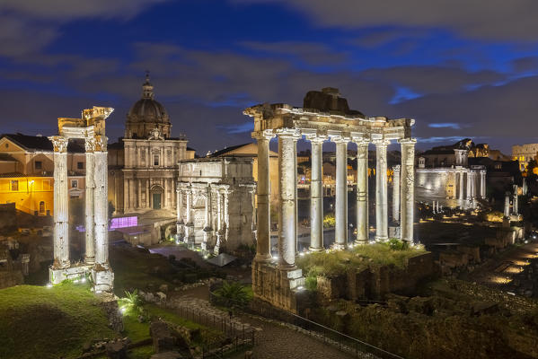 View of the ruins of Fori Imperiali from the Campidoglio at dawn. Rome, Rome district, Lazio, Europe, Italy.