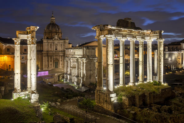 View of the ruins of Fori Imperiali from the Campidoglio at dawn. Rome, Rome district, Lazio, Europe, Italy.
