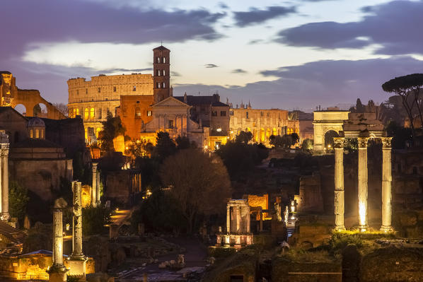 View of the ruins of Fori Imperiali from the Campidoglio at dawn. Rome, Rome district, Lazio, Europe, Italy.