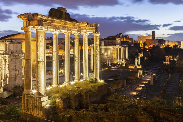 View of the ruins of Fori Imperiali from the Campidoglio at dawn. Rome, Rome district, Lazio, Europe, Italy.