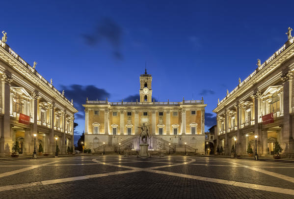 View of the Capitoline Hill with lines leading to the Palazzo Senatorio and the equestrian statue of Marcus Aurelius. Rome, Rome district, Lazio, Europe, Italy.