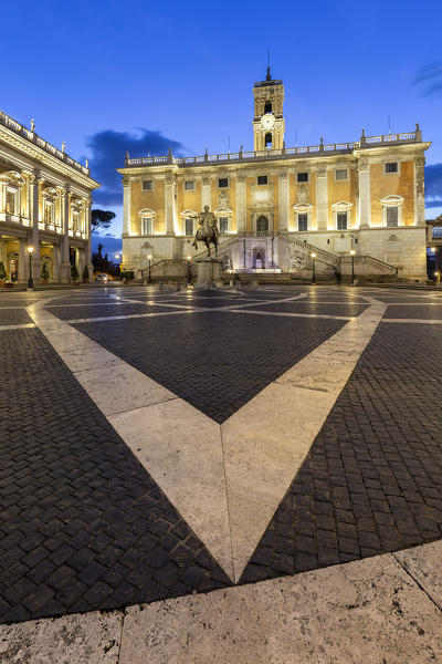 View of the Capitoline Hill with lines leading to the Palazzo Senatorio and the equestrian statue of Marcus Aurelius. Rome, Rome district, Lazio, Europe, Italy.