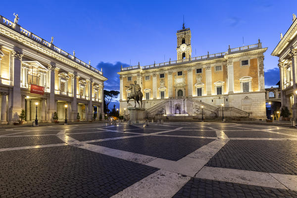 View of the Capitoline Hill with lines leading to the Palazzo Senatorio and the equestrian statue of Marcus Aurelius. Rome, Rome district, Lazio, Europe, Italy.