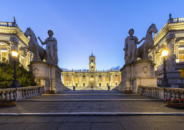 View of steps called Cordonata, leading to the the Capitoline Hill, Capitoline Square and Palazzo Senatorio just before dawn. Rome, Rome district, Lazio, Europe, Italy.