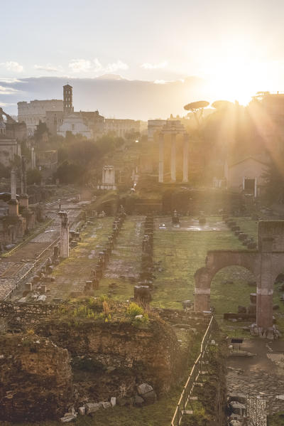View of the ruins of Fori Imperiali from the Campidoglio at dawn. Rome, Rome district, Lazio, Europe, Italy.