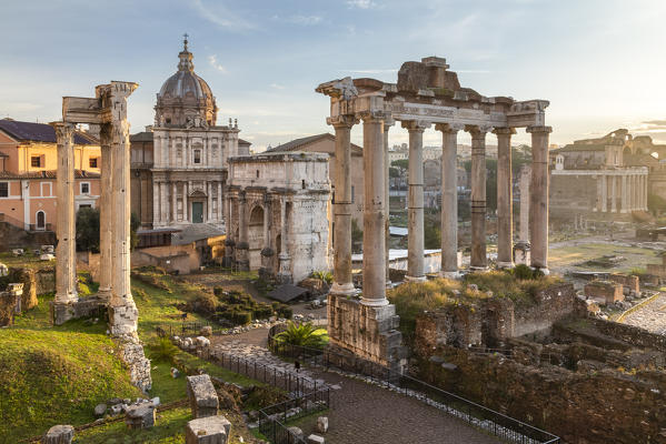 View of the ruins of Fori Imperiali from the Campidoglio at dawn. Rome, Rome district, Lazio, Europe, Italy.