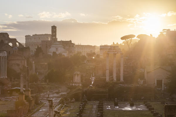 View of the ruins of Fori Imperiali from the Campidoglio at dawn. Rome, Rome district, Lazio, Europe, Italy.