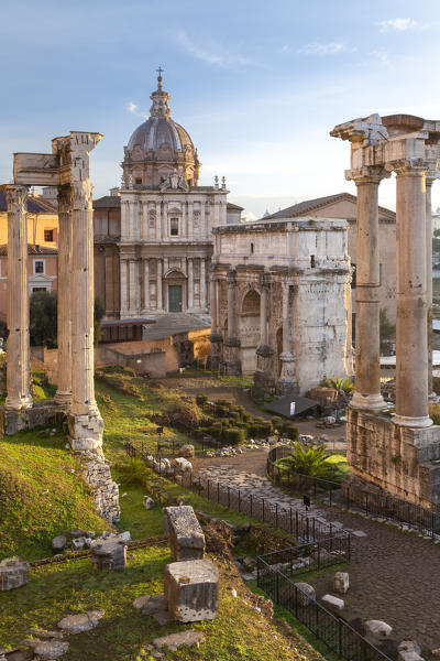 View of the ruins of Fori Imperiali from the Campidoglio at dawn. Rome, Rome district, Lazio, Europe, Italy.