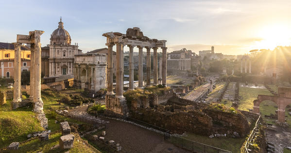 View of the ruins of Fori Imperiali from the Campidoglio at dawn. Rome, Rome district, Lazio, Europe, Italy.