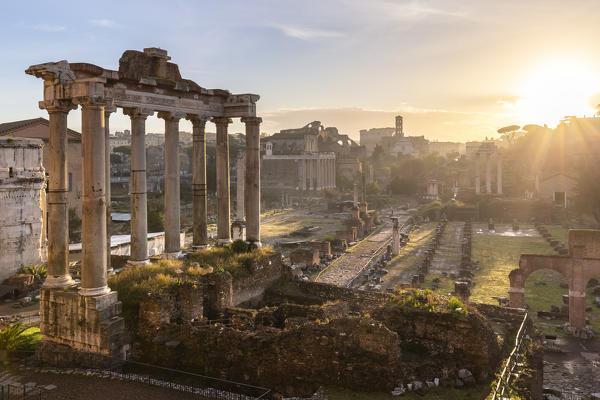 View of the ruins of Fori Imperiali from the Campidoglio at dawn. Rome, Rome district, Lazio, Europe, Italy.