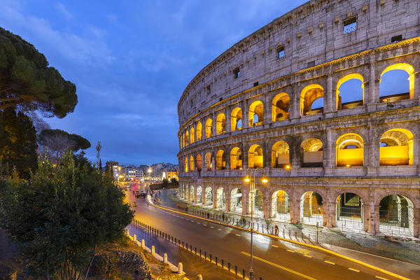 View of the Colosseum during a winter evening. Rome, Lazio, Italy. 
