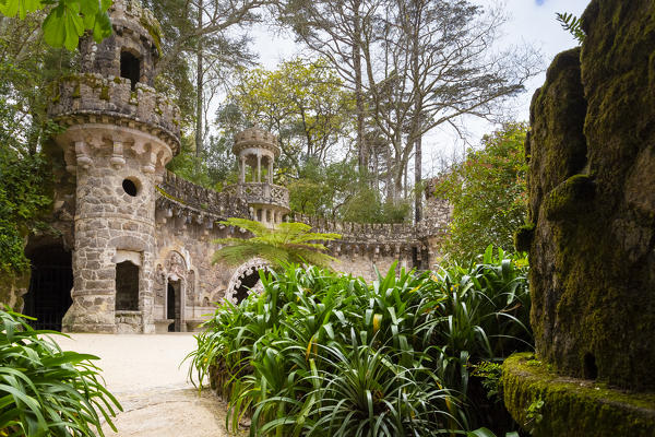 View of the Central pavilion at Portal of the Guardians in Quinta da Regaleira Palace's gardens. Sintra, Portugal, Europe.