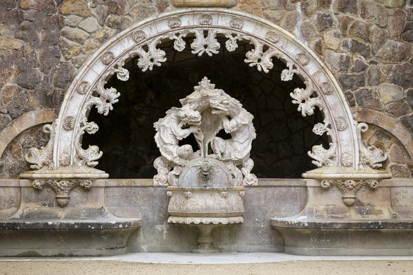 Detail of the Central pavilion at Portal of the Guardians in Quinta da Regaleira Palace's gardens. Sintra, Portugal, Europe.