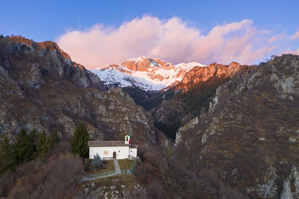View of the Presolana during a winter sunrise from Monte Pora, Val Seriana, Bergamo district, Lombardy, Italy.