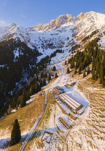 View of the Presolana during a winter sunrise from Monte Pora, Val Seriana, Bergamo district, Lombardy, Italy.
