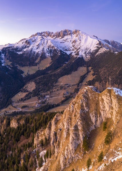 View of the Presolana during a winter sunrise from Monte Pora, Val Seriana, Bergamo district, Lombardy, Italy.