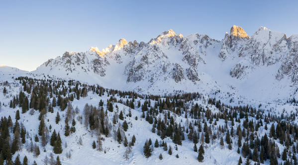 Aerial view of the Campelli di Schilpario and the Cimone della Bagozza covered in snow in winter, Schilpario, Val di Scalve, Bergamo district, Lombardy, Italy, Southern Europe.