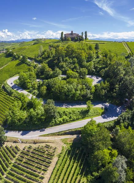 Aerial view of the winding road leading to the Castello di La Volta. Barolo, Barolo wine region, Langhe, Piedmont, Italy, Europe.