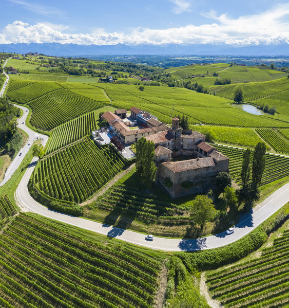 Aerial view of the winding road leading to the Castello di La Volta. Barolo, Barolo wine region, Langhe, Piedmont, Italy, Europe.