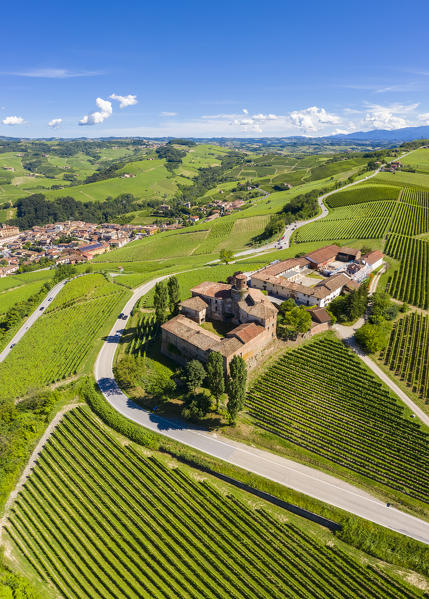 Aerial view of the winding road leading to the Castello di La Volta. Barolo, Barolo wine region, Langhe, Piedmont, Italy, Europe.