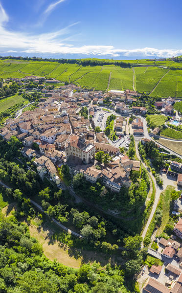 Aerial view of the typical town of Barolo and its castle Castello Falletti. Barolo, Barolo wine region, Langhe, Piedmont, Italy, Europe.